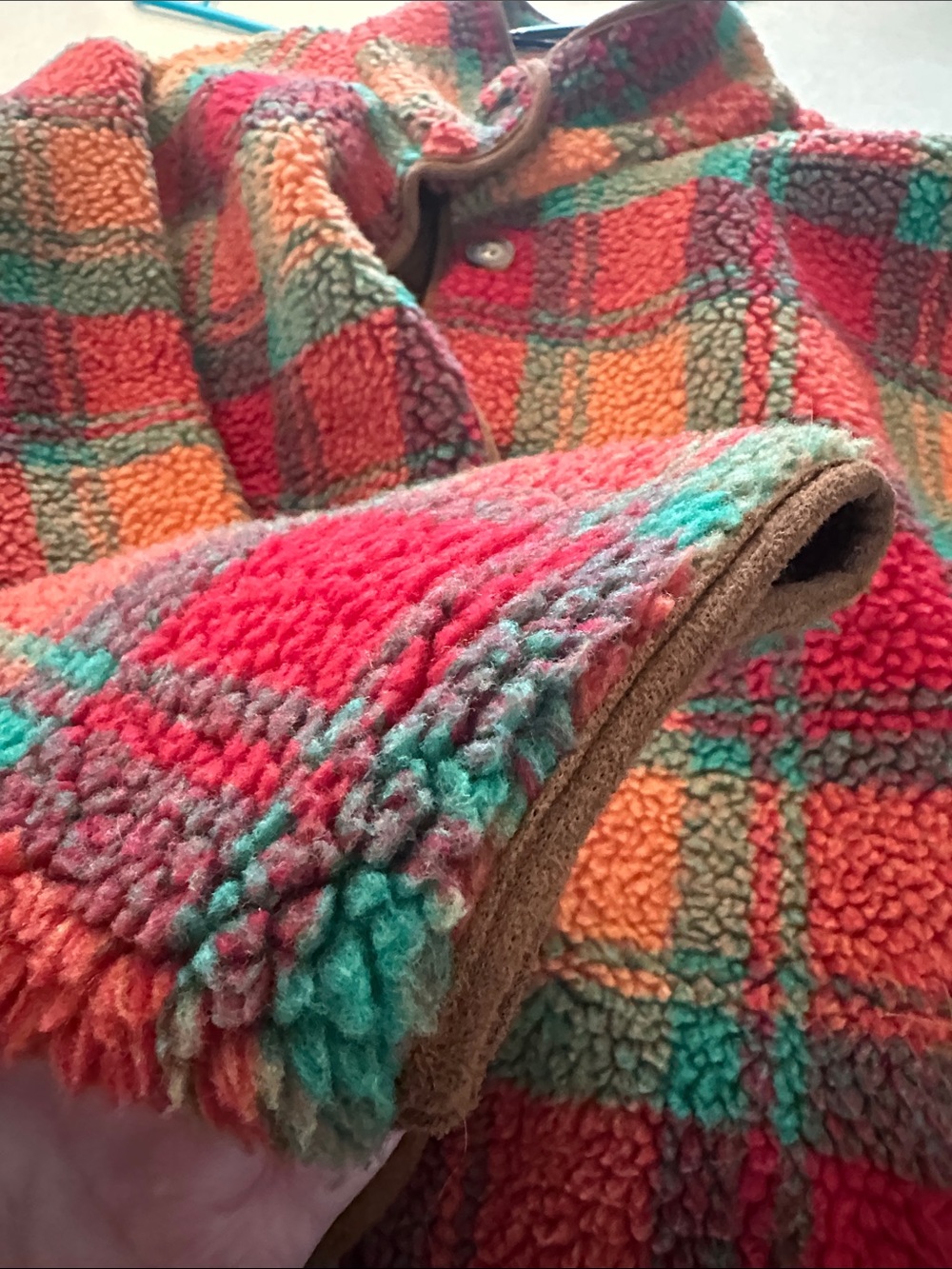 Cider Plaid Teddy Jacket in Red, Orange & Green - Picture 6 of 7